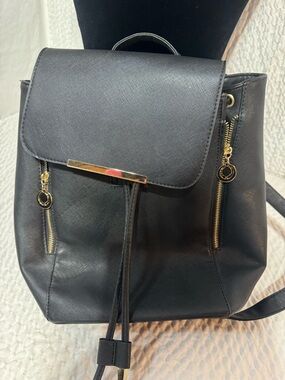 Black Women’s Faux Leather Backpack with Gold Accents